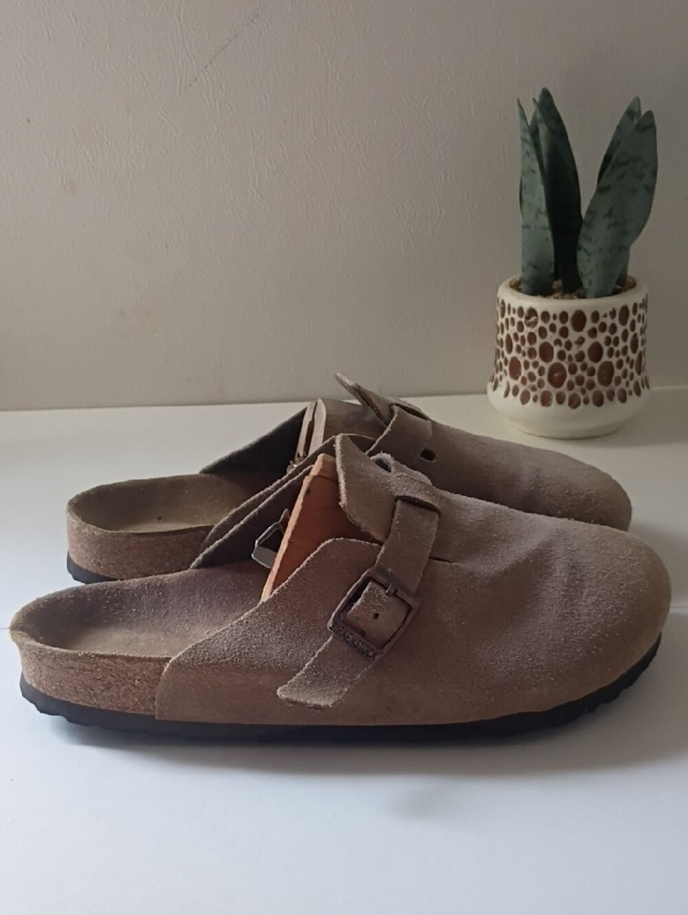 Birkenstock Boston Taupe Suede Clog with Buckle size 38 women's 7 mens 5